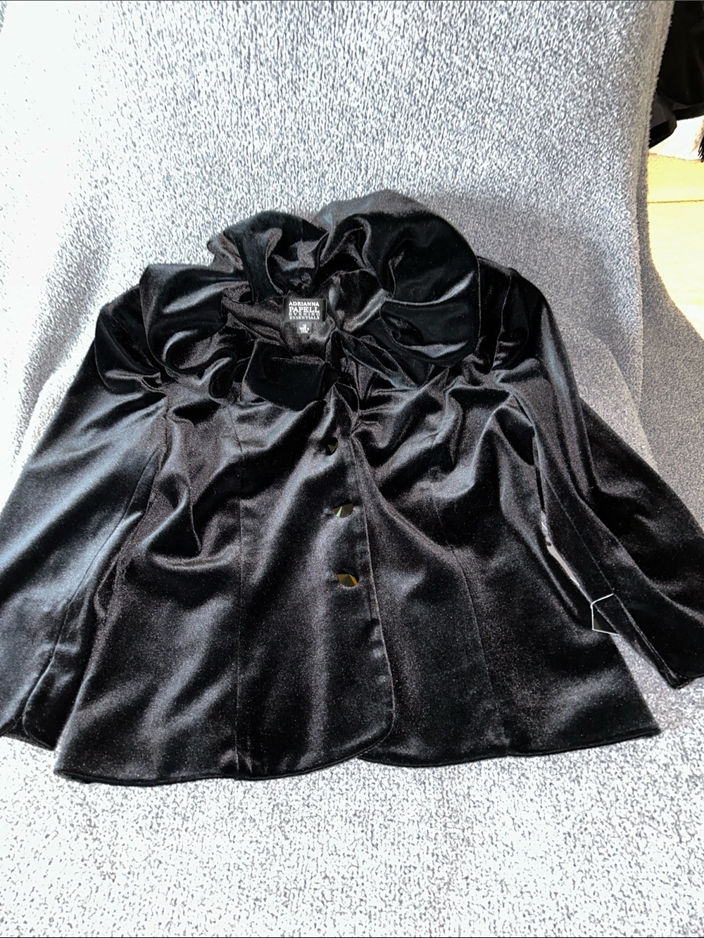 Adrianna Papell Black Velvet Ruffled Collar Pea Coat